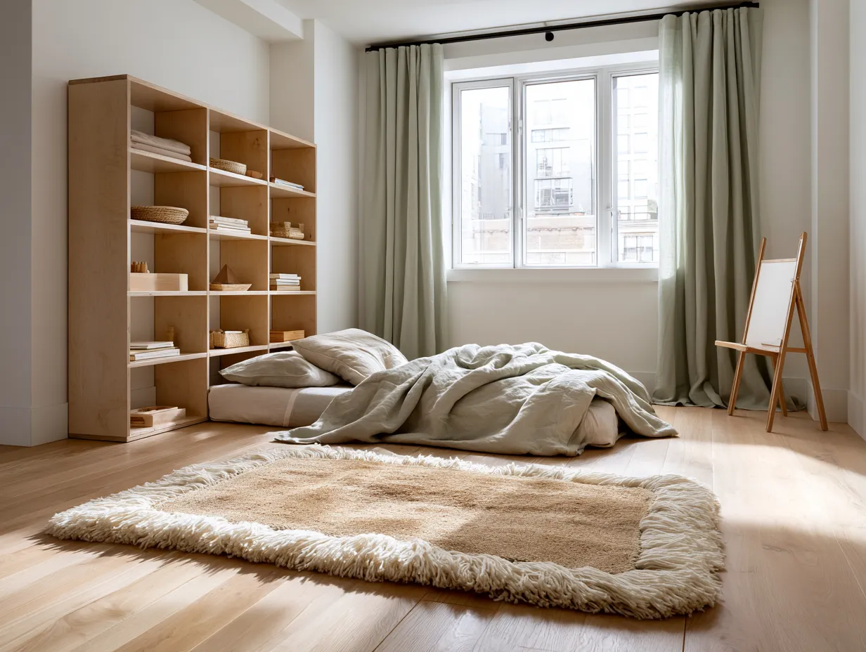 neutral montessori bedroom floor bed linen bedding
