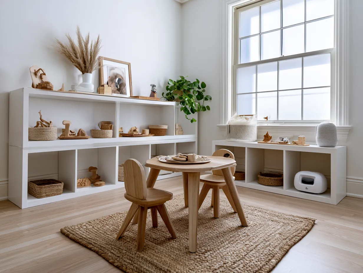 child height open shelves toddler independent play zone