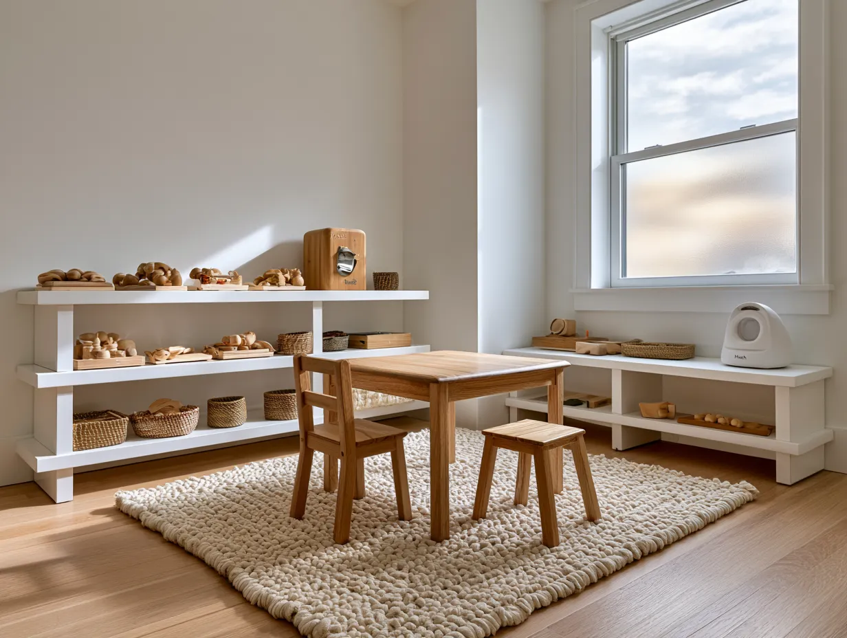 montessori playroom natural materials toniebox shelf