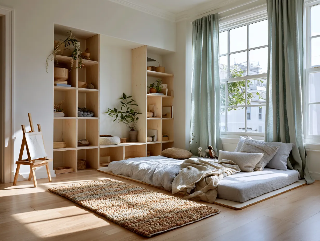 montessori room setup sage curtains natural wood tones