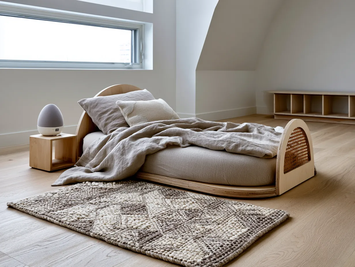 low profile kids bed birch wood neutral bedroom