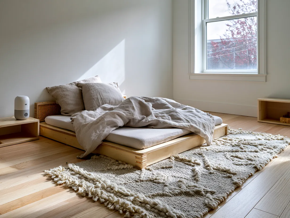 montessori floor bed with rattan frame natural linen