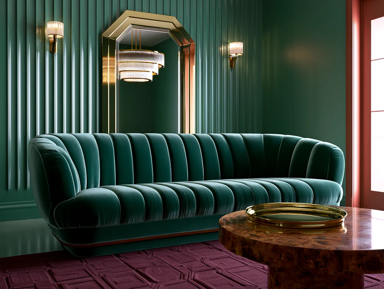 Full neo deco living room with geometric rug and velvet sofa