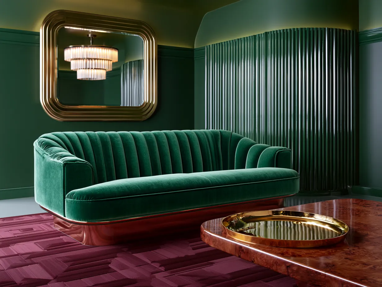 Fluted high gloss green wall panel with brass mirror