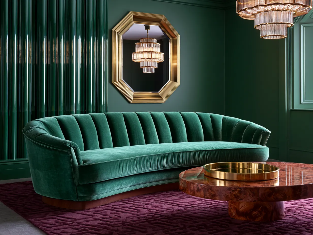 Layered neo deco room in emerald burgundy and brass