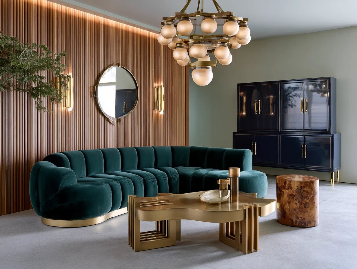 Neo deco fluted wood wall with brass cabinet detail