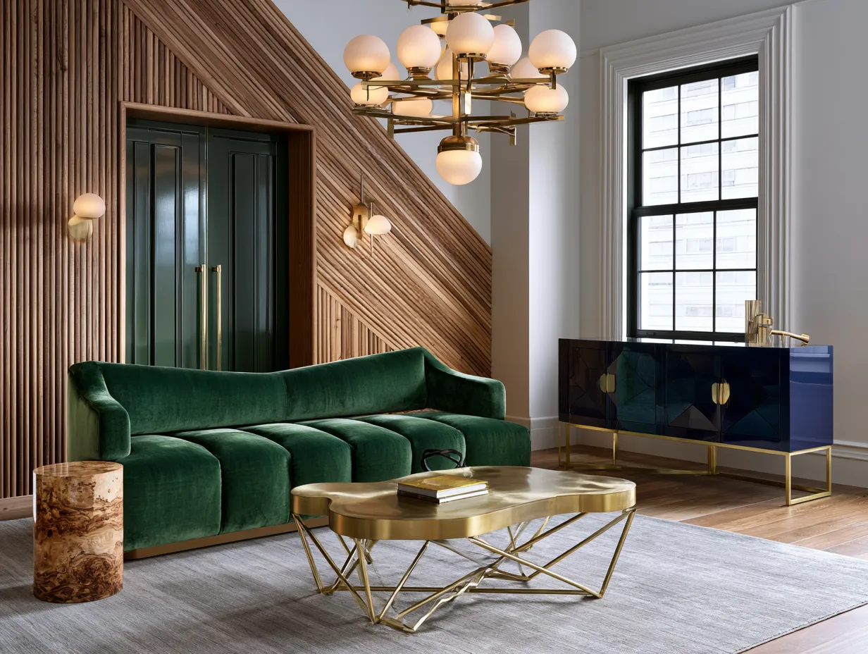 Emerald velvet sofa beside burl veneer side table