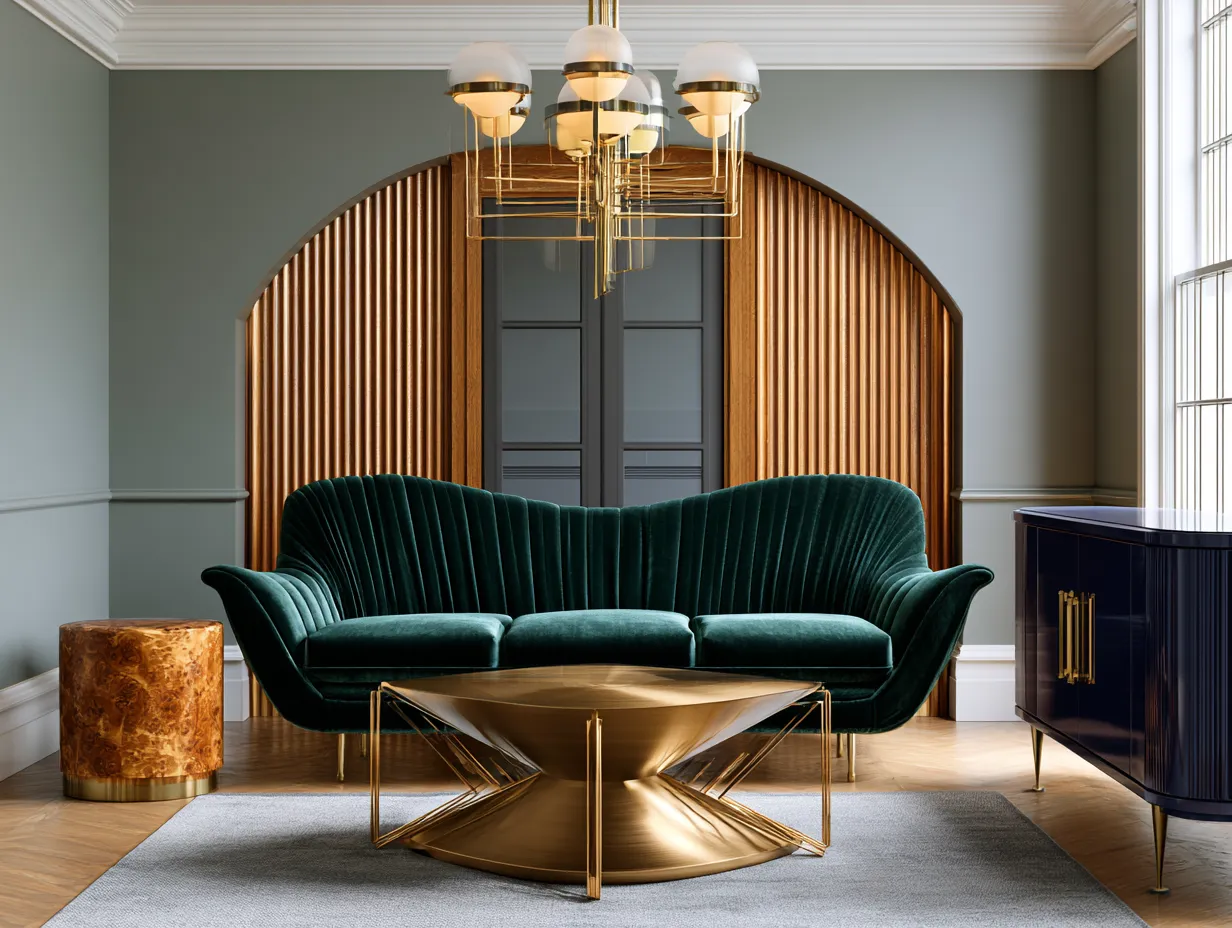 Brushed brass coffee table in geometric living room