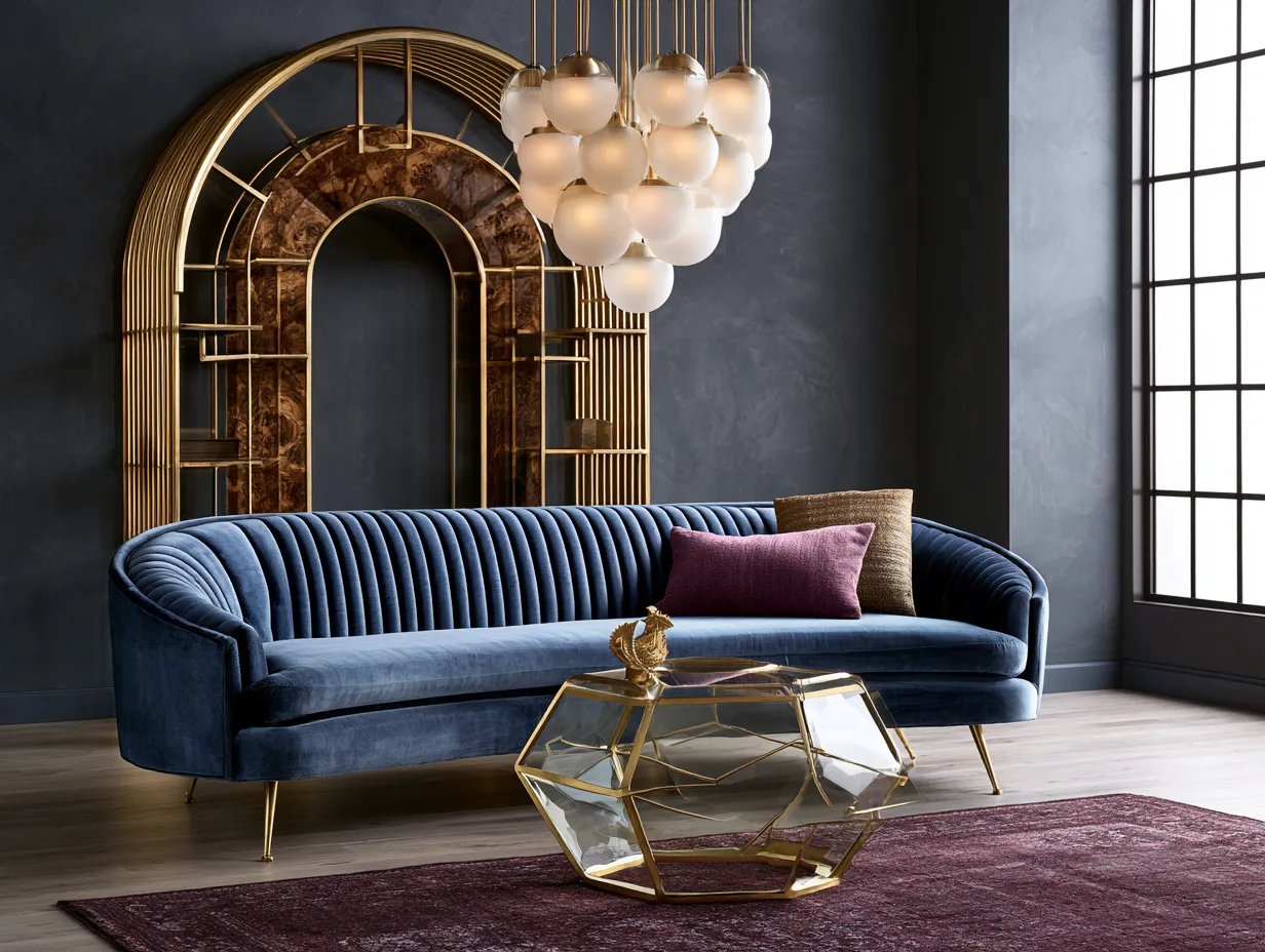 Tiered frosted glass chandelier over velvet sofa