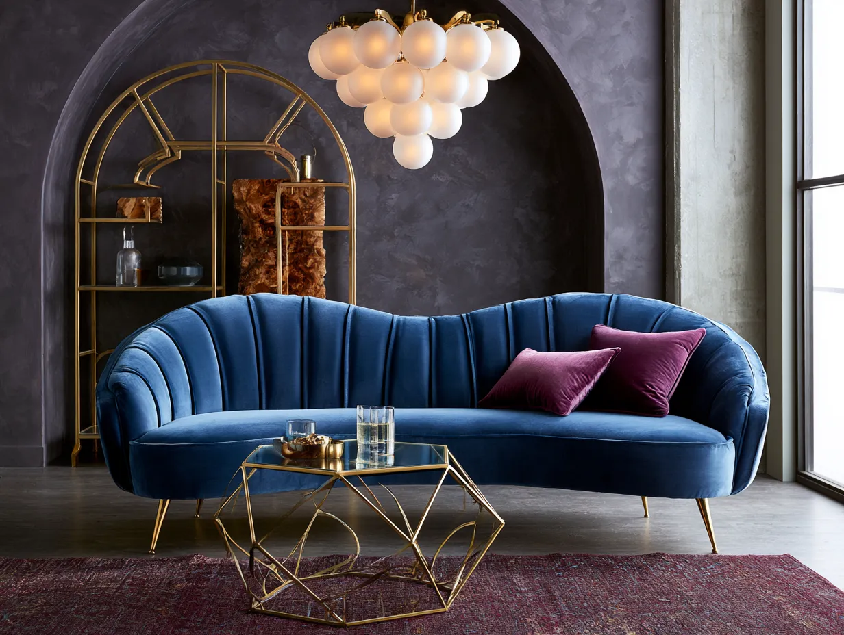 Arched brass shelving unit dark plaster wall