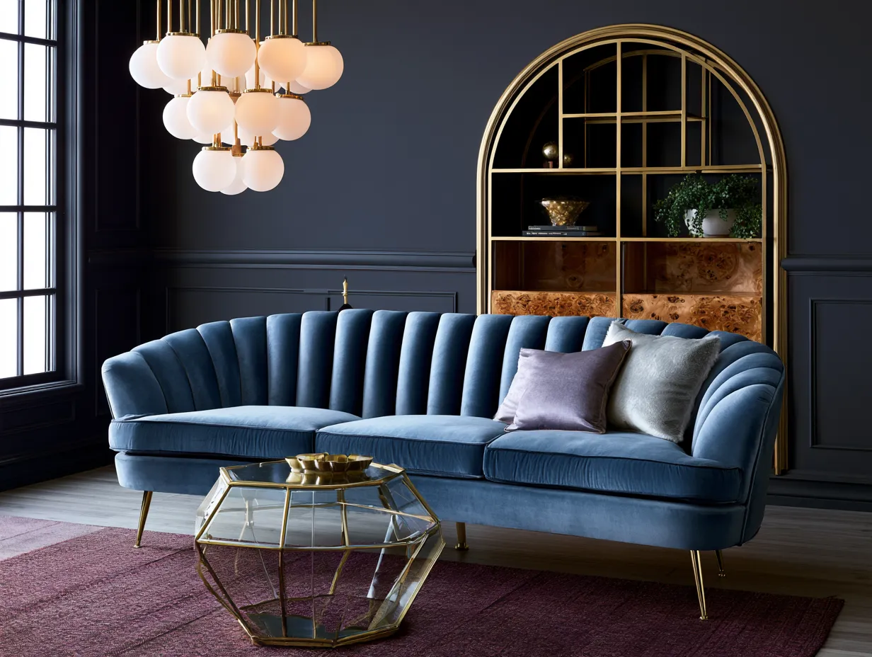 Sapphire velvet channel tufted sofa with brass legs