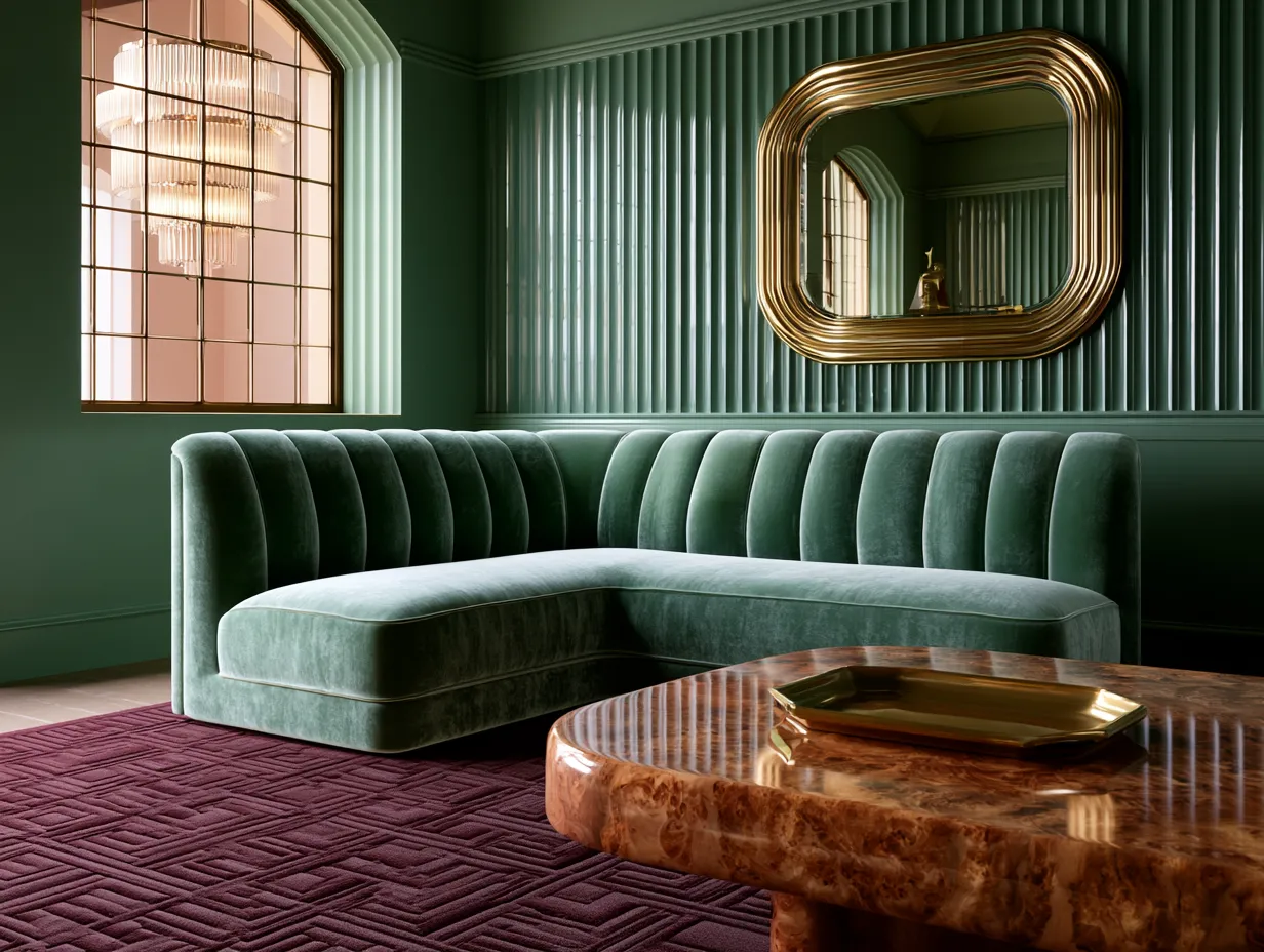 Neo deco living room with brass accents and velvet sofa