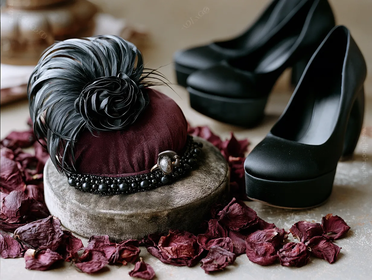 Alt wedding ring and fascinator on dark velvet surface