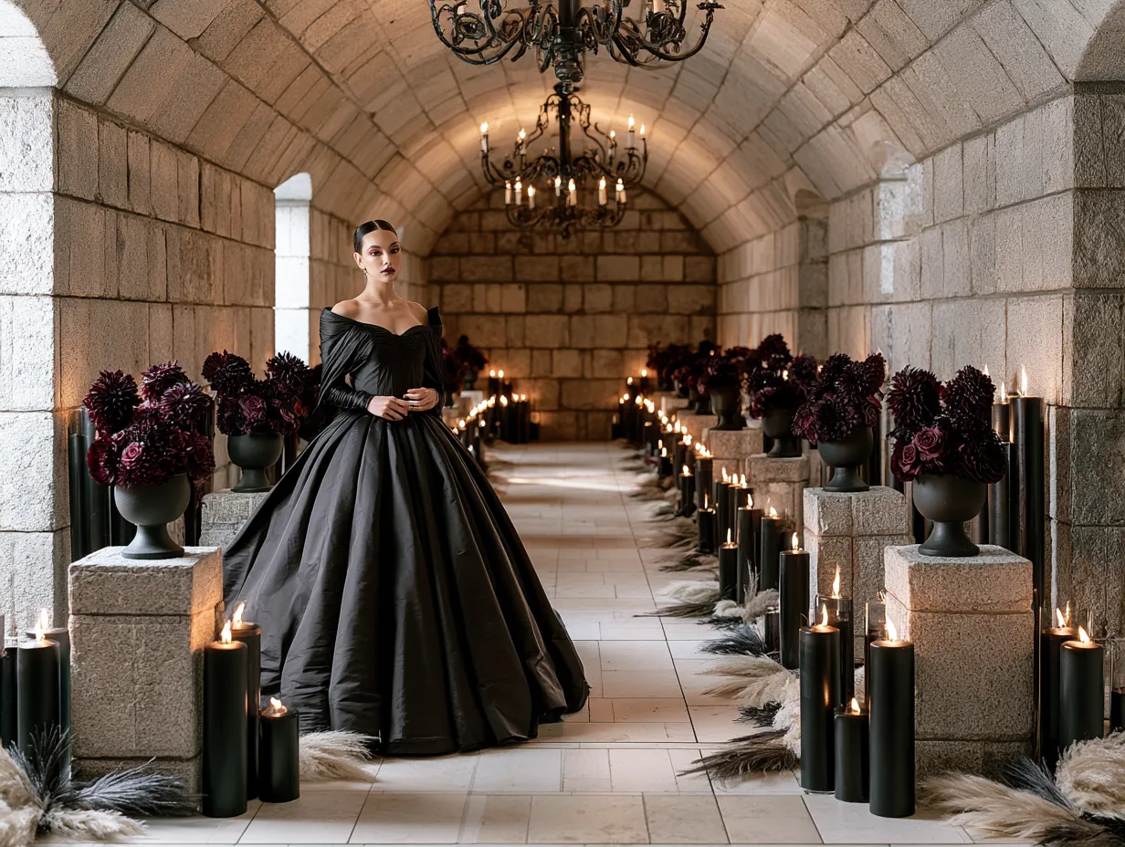 Black gothic wedding dress in dramatic candlelit ceremony hall