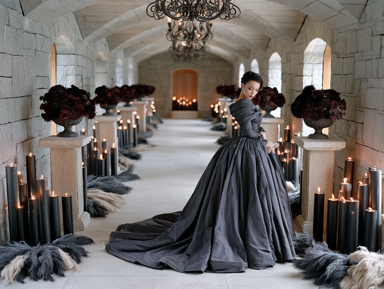 Alt bride in black taffeta gown at candlelit stone venue