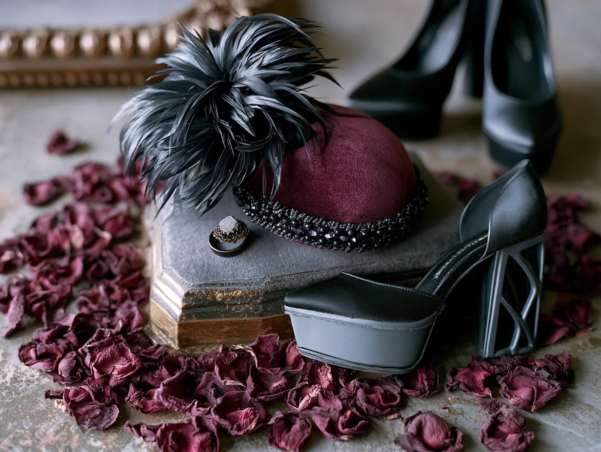 Black satin heels and salt pepper diamond ring for alt bride