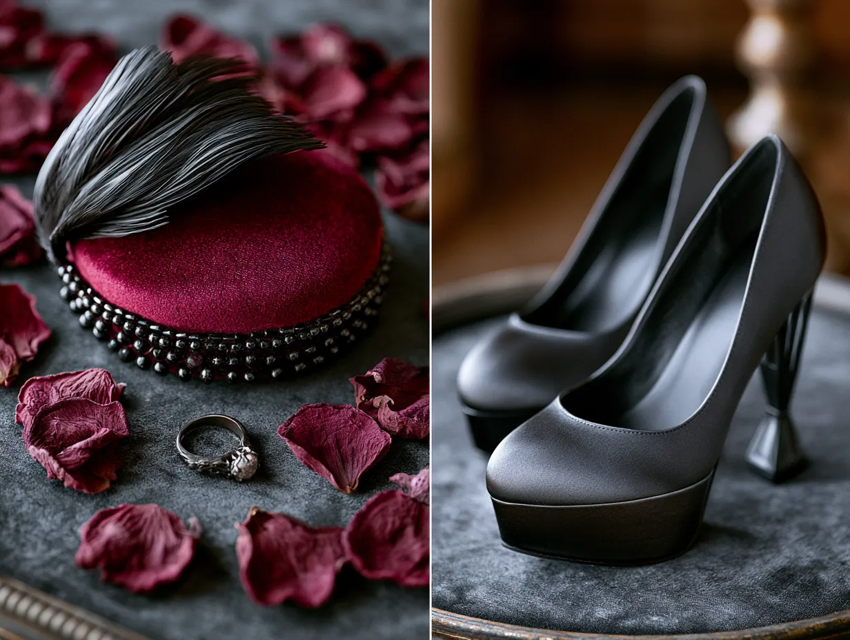 Gothic bridal accessory flat lay with black veil and ring