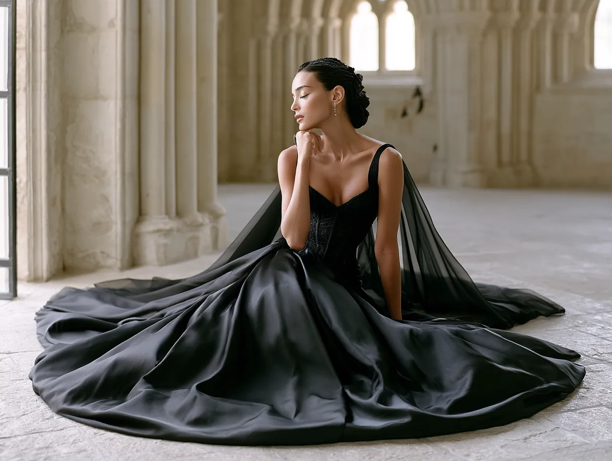 Gothic bridal silhouette with structured corset and skirt