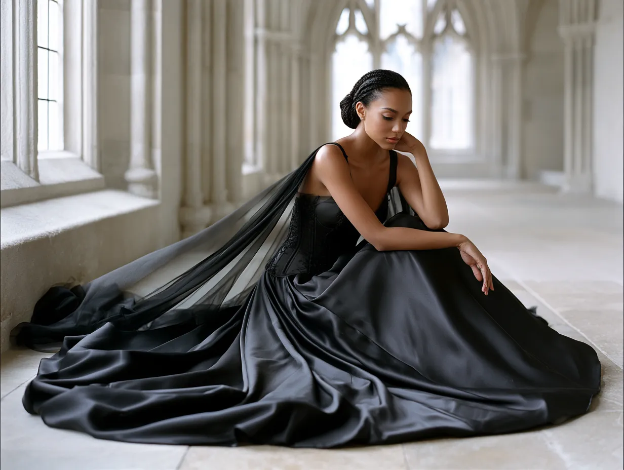 Nontraditional black wedding dress in stone cathedral interior