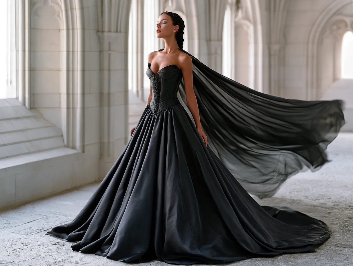 Black corseted gothic wedding dress with cathedral cape