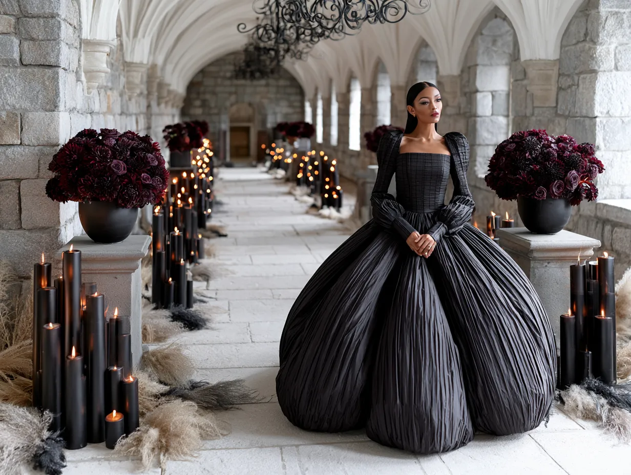 Dark romantic wedding setup with black dahlia arrangements