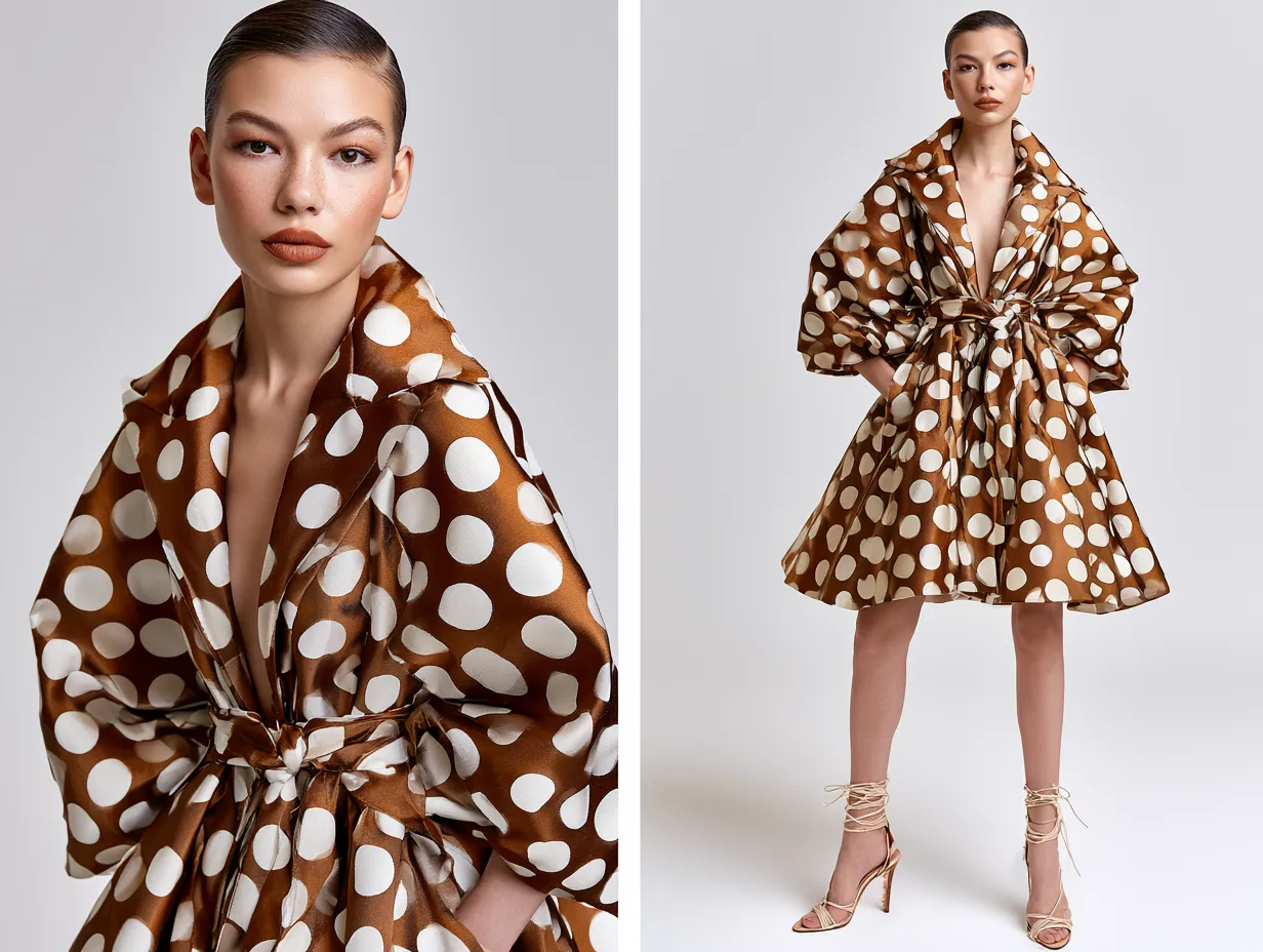 Chocolate brown polka dot structured coat editorial shoot