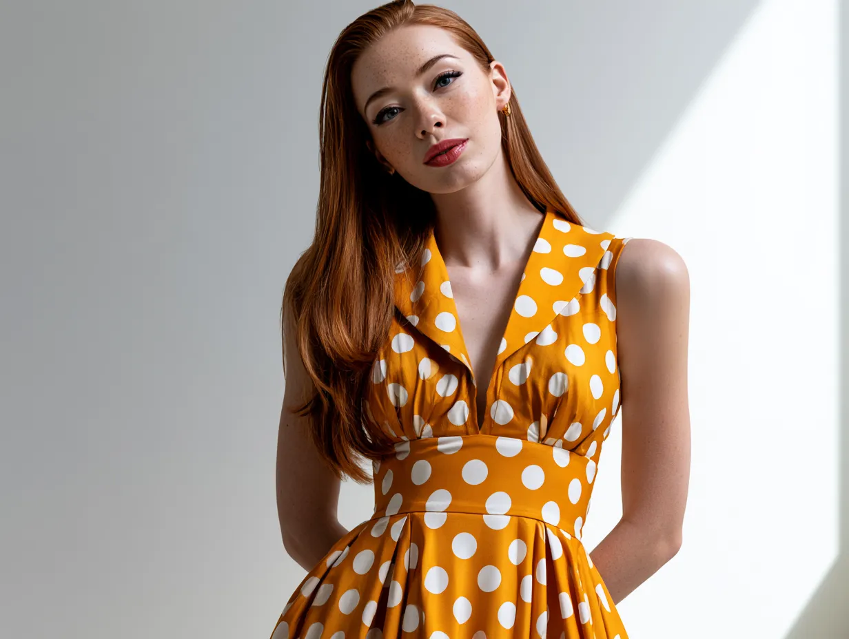 Warm tone polka dot outfit caramel ivory spring look