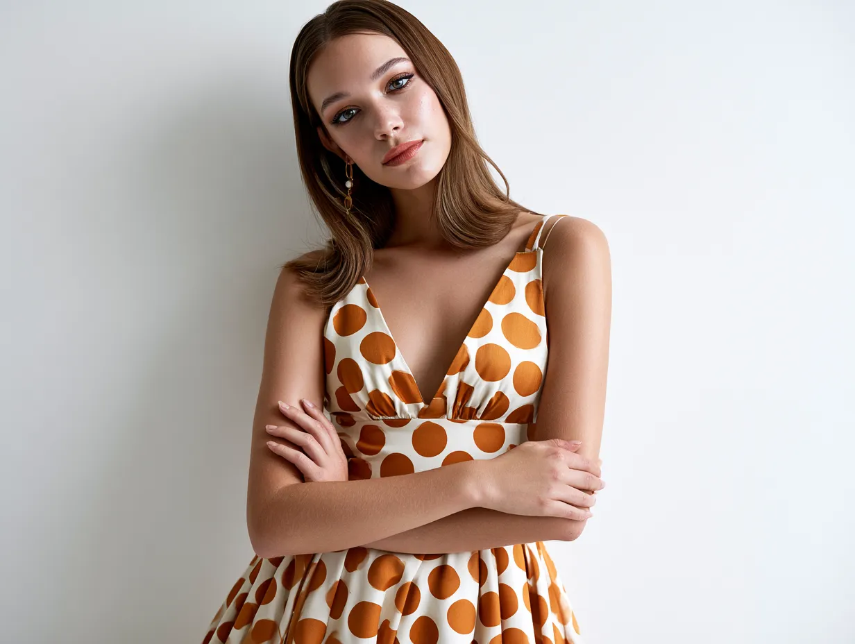 Polka dot dress modern silhouette fashion forward styling