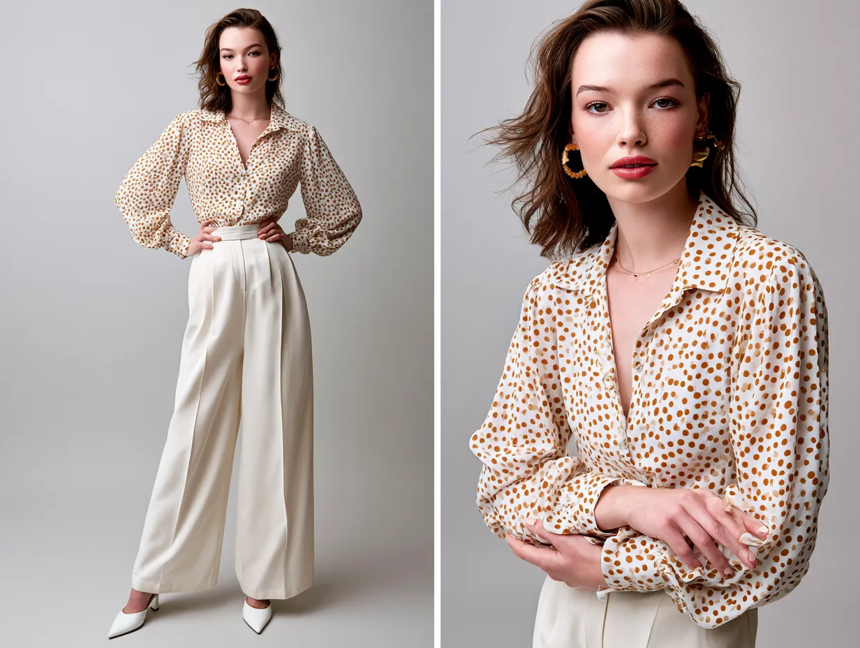 Polka dot blouse tucked into wide-leg trousers spring outfit