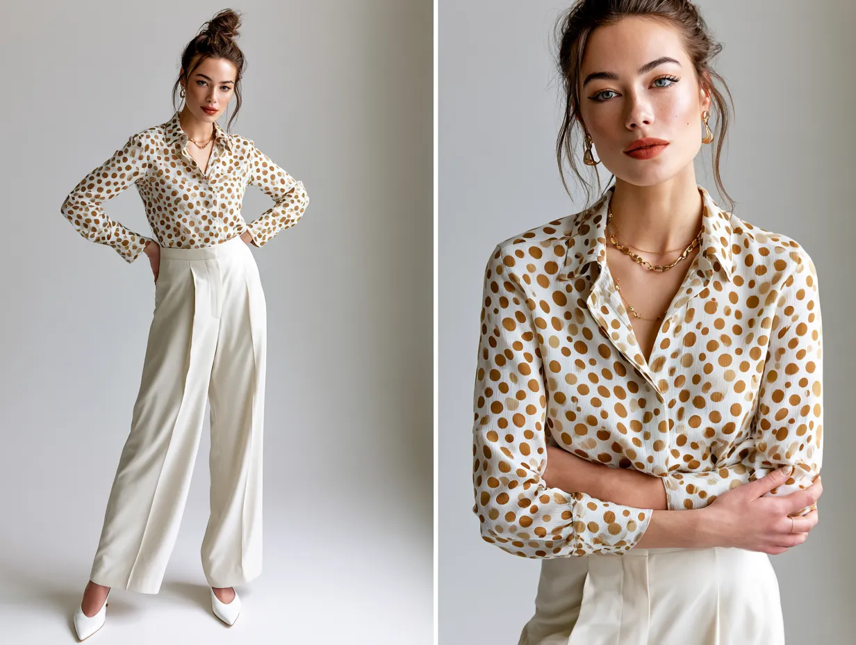 Affordable spotted print top styled with neutral trousers