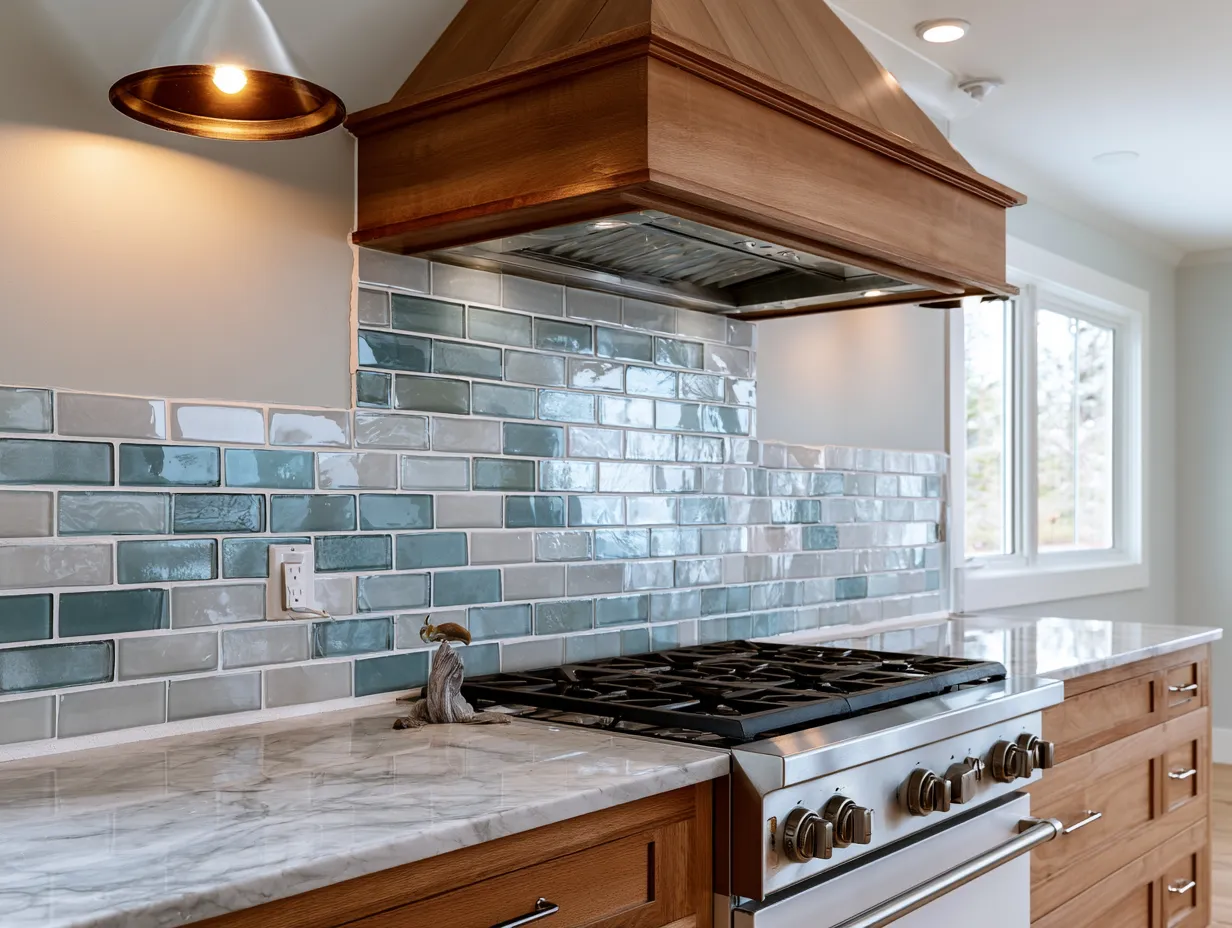 eco glass backsplash light reflection marble countertop kitchen