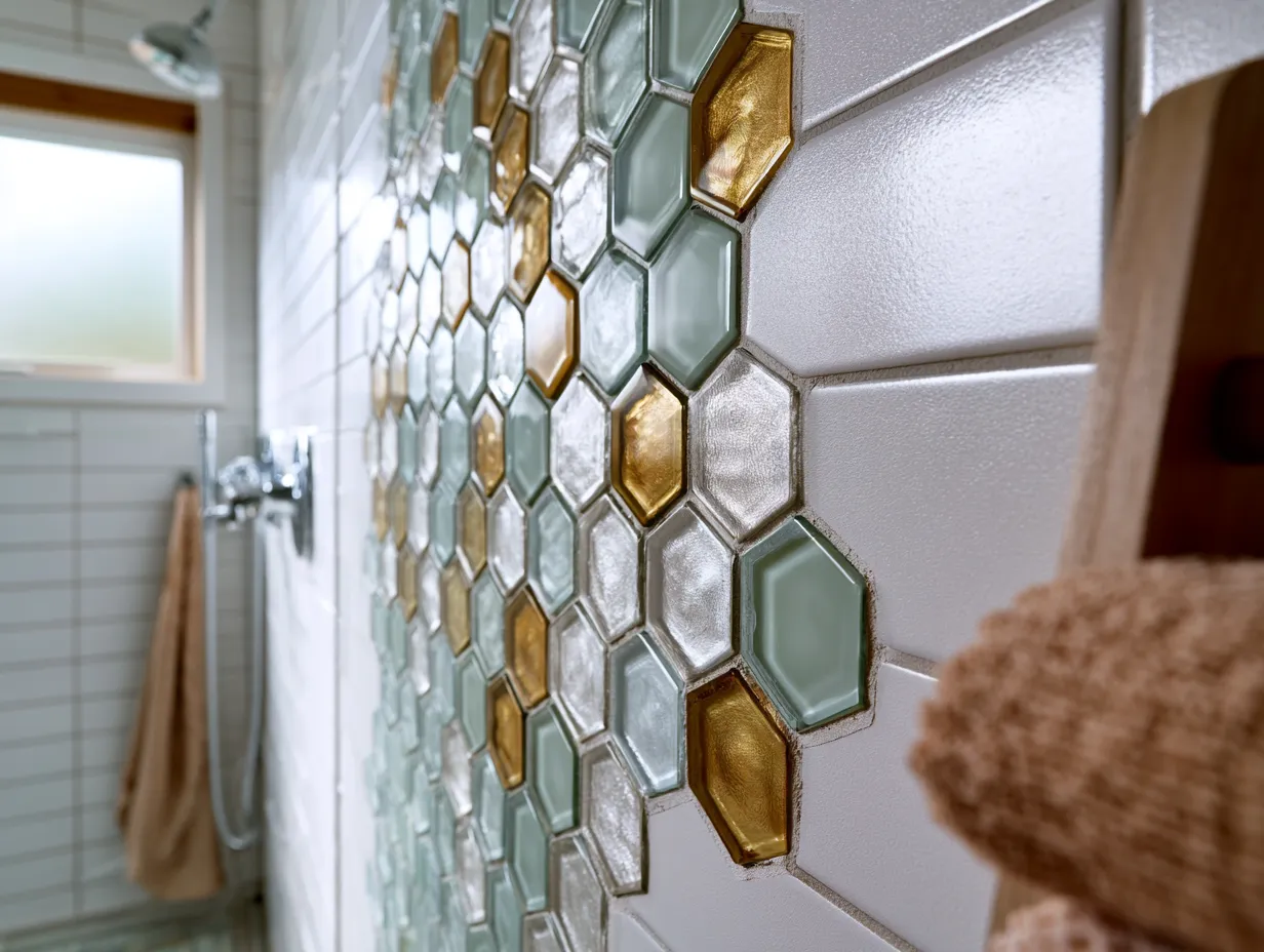 sustainable glass mosaic shower wall warm natural light