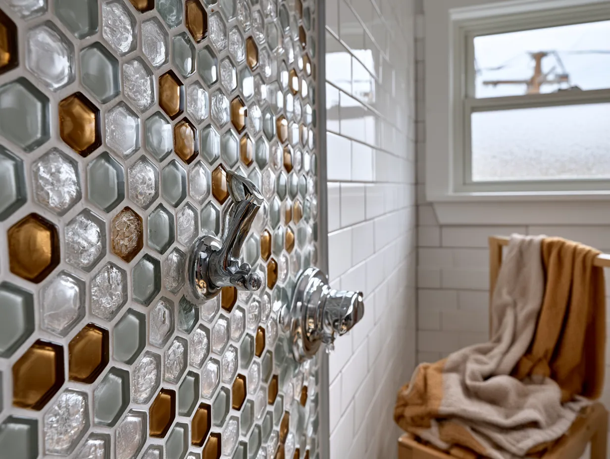 hexagonal recycled glass tiles in sage green bathroom shower