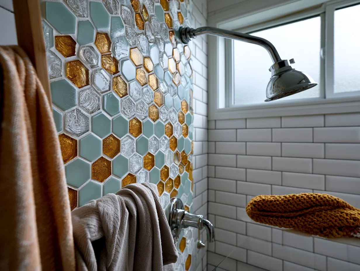 eco glass tile bathroom wall with soft amber tones