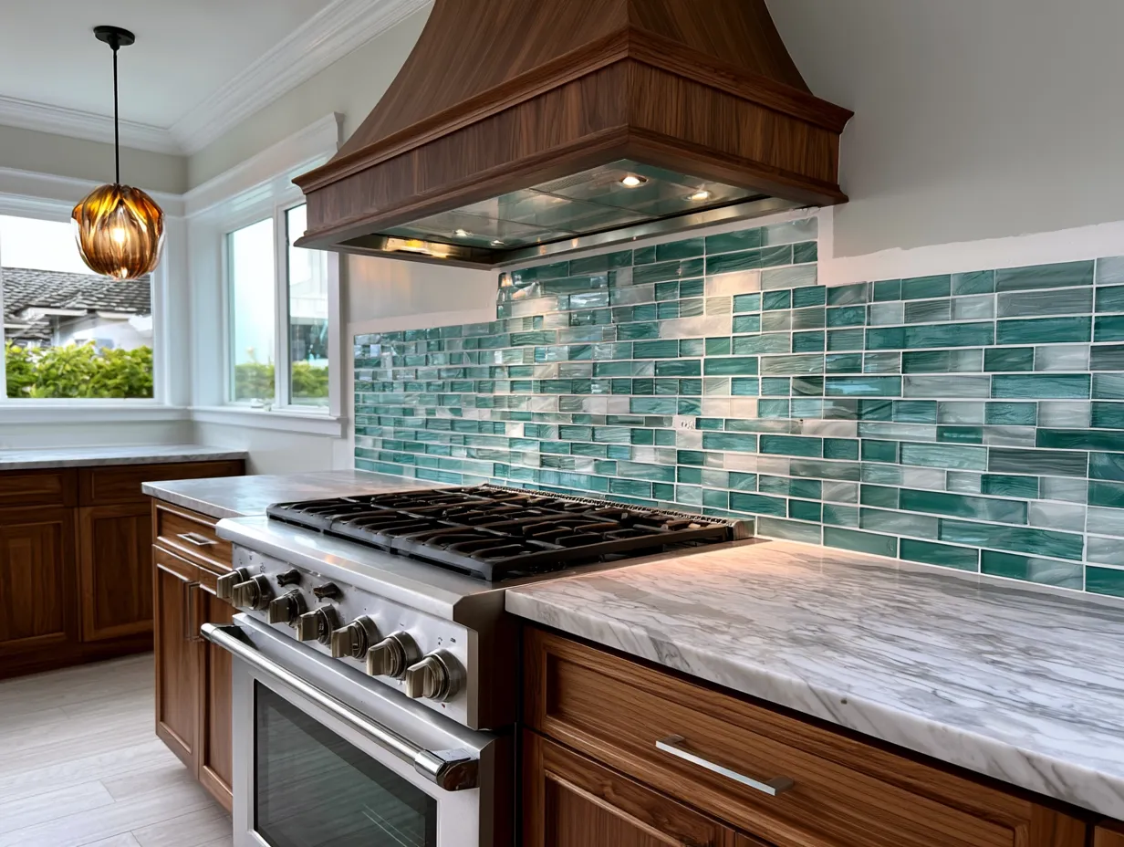 recycled glass tile backsplash installed behind kitchen range