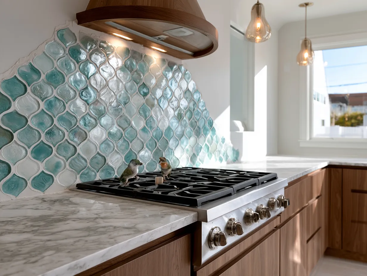 teal glass mosaic backsplash warm wood kitchen cabinets