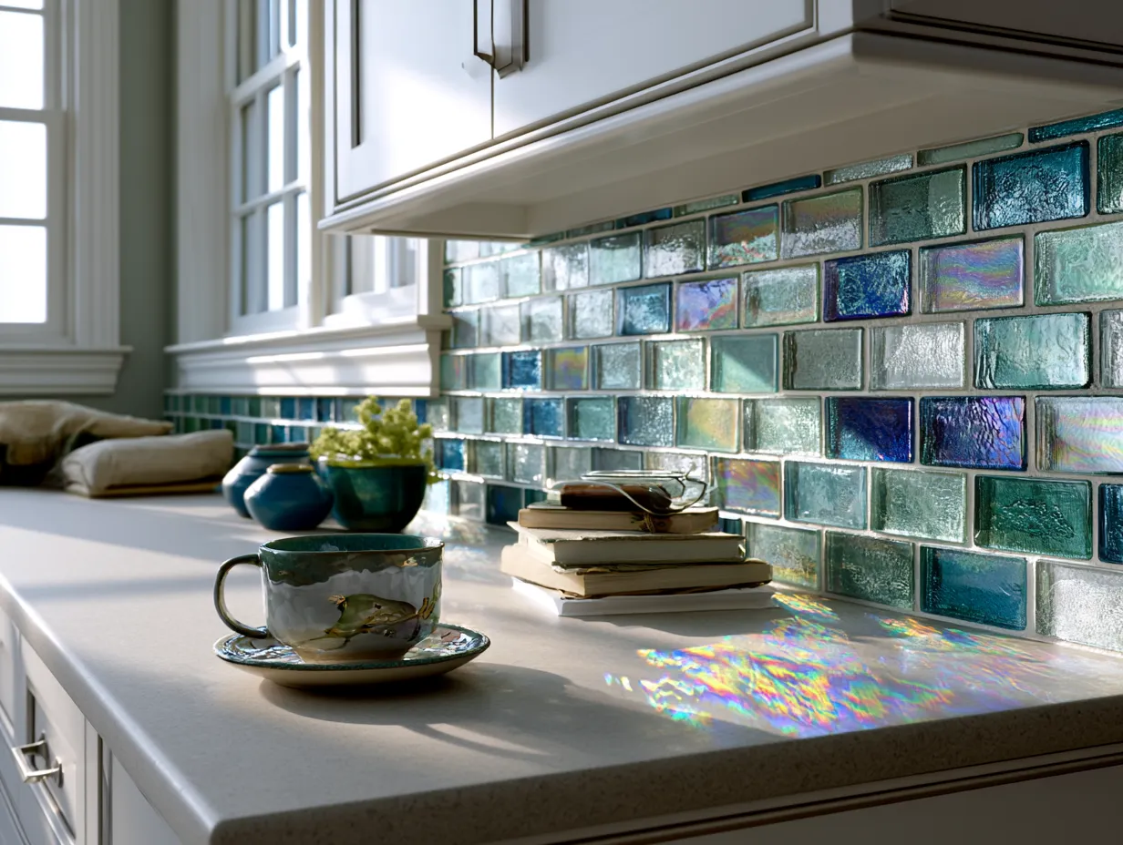 recycled glass mosaic backsplash blue green kitchen light