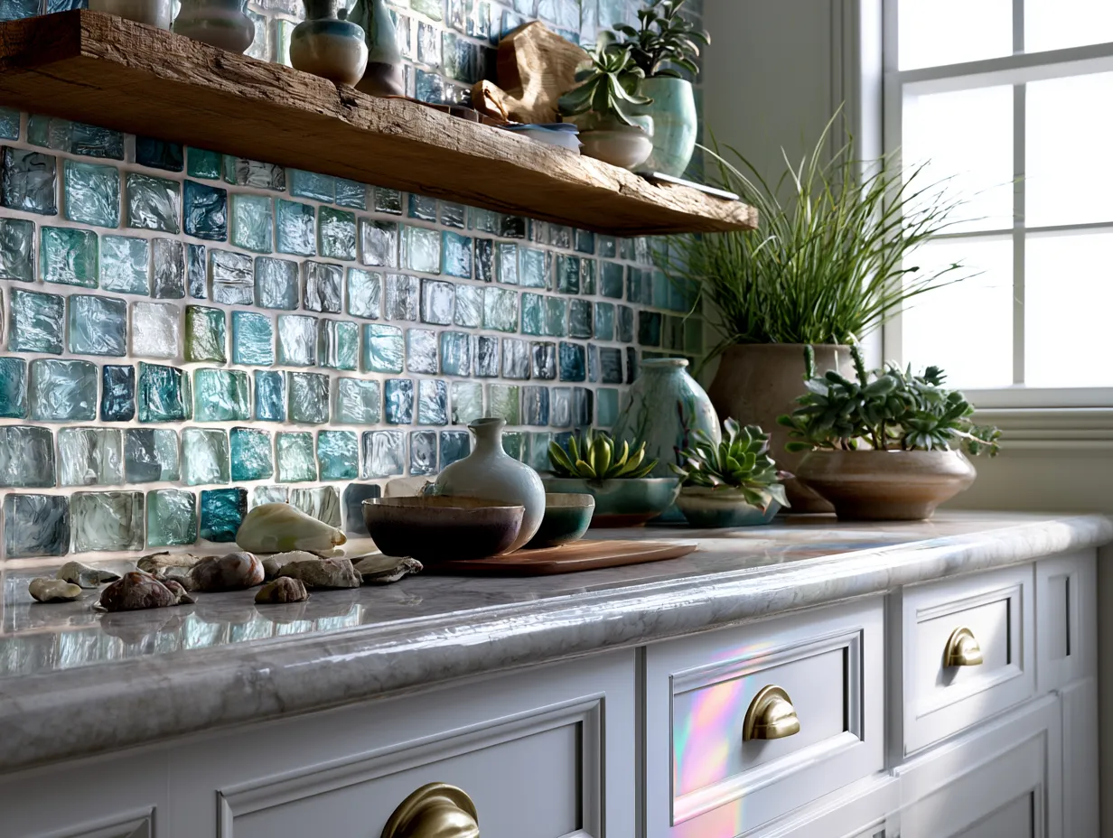 eco glass tile reflecting sunlight on white cabinets