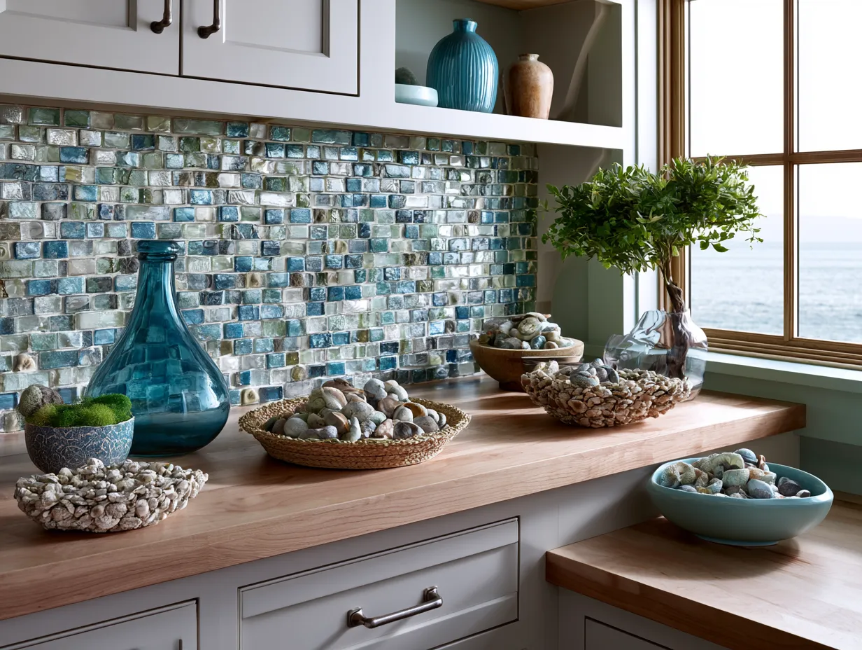 close up recycled glass tile brick pattern kitchen wall