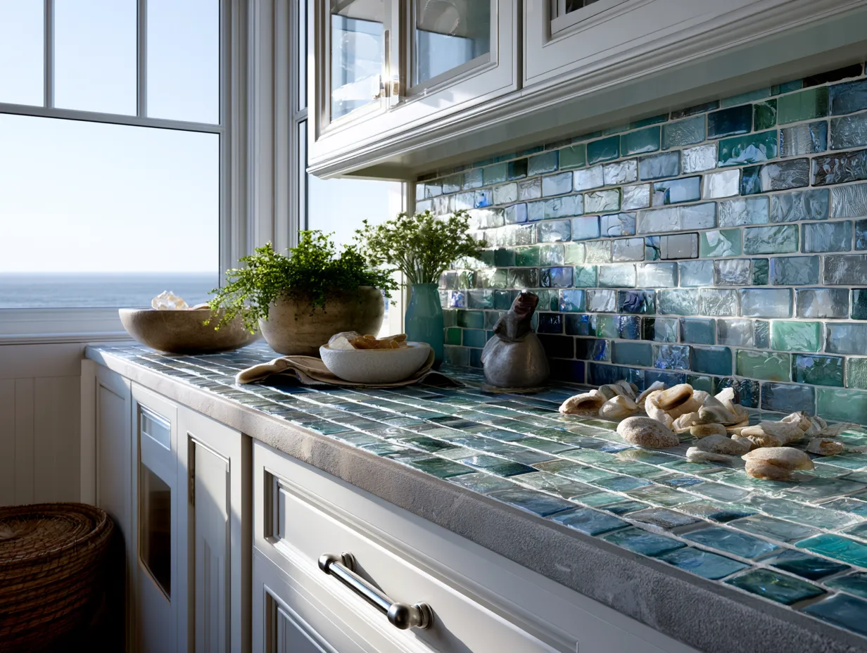 sustainable glass mosaic surface with prismatic light effect
