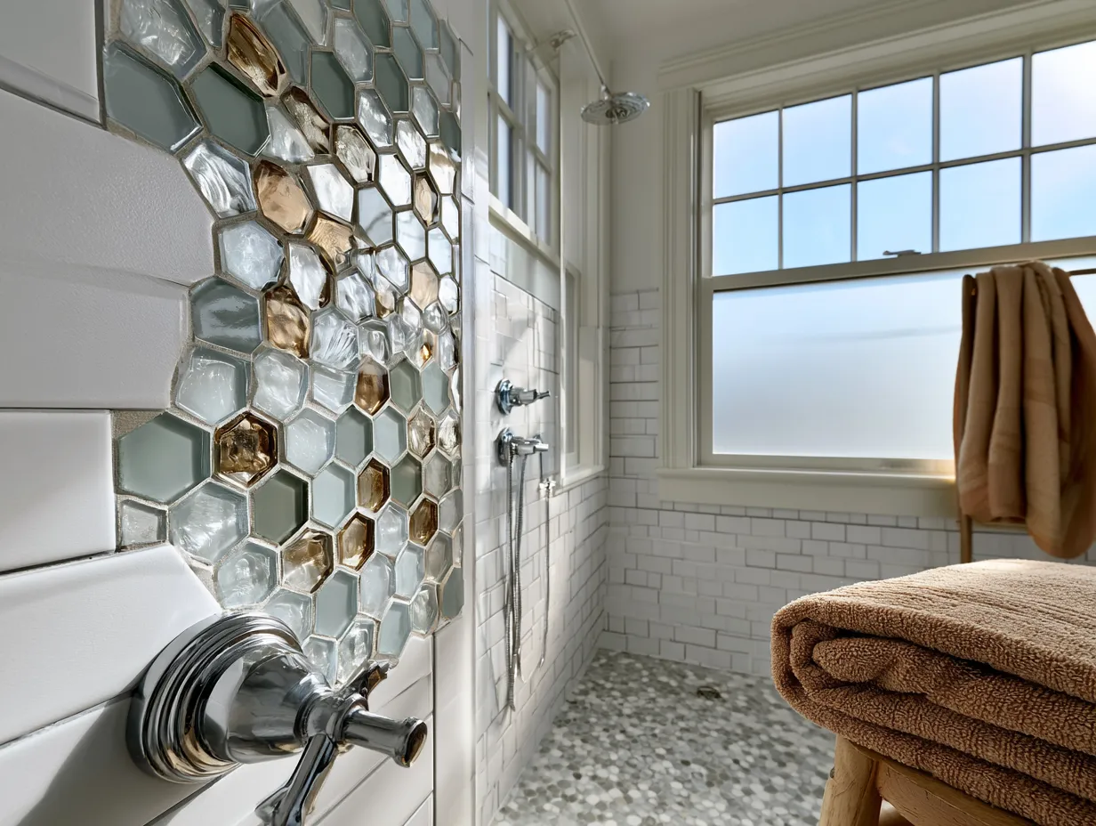 recycled glass hexagon tile installation polished chrome fixtures