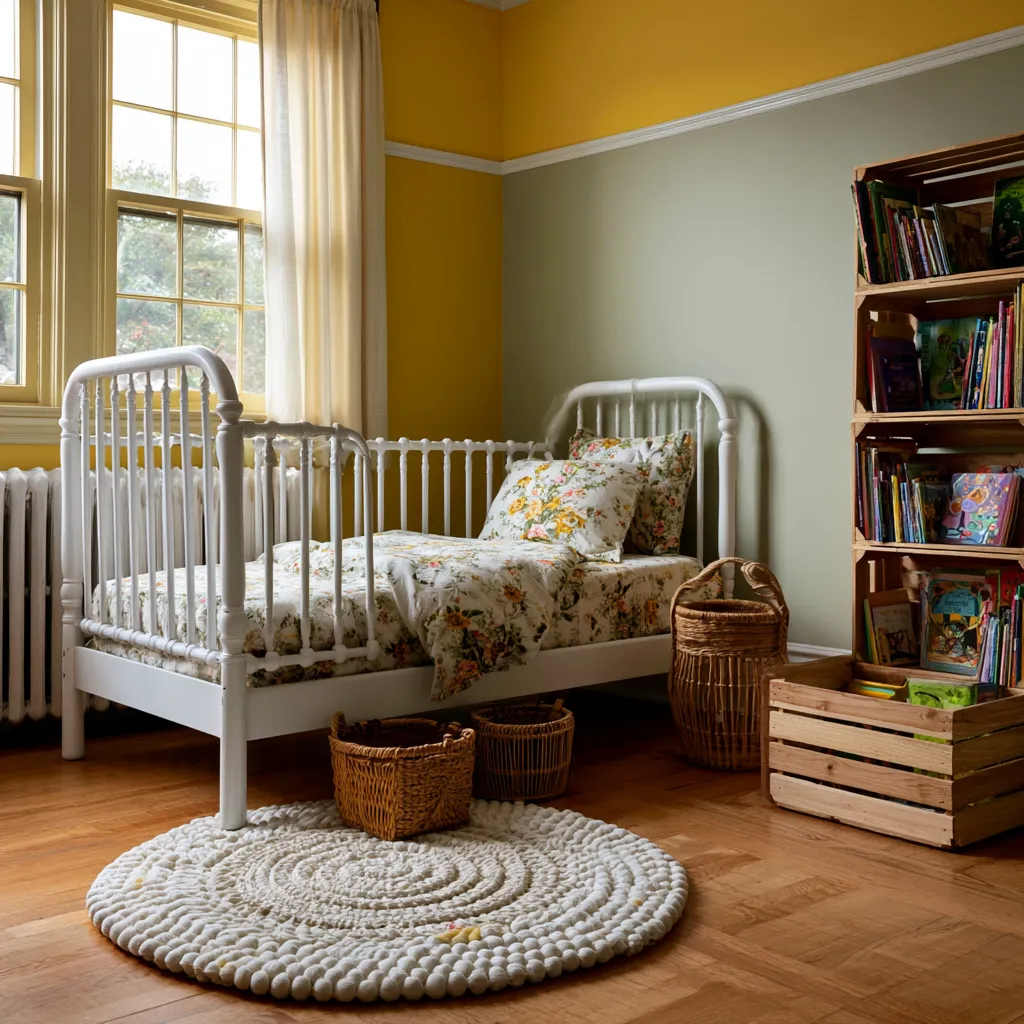 throwback kid bedroom with crocheted play mat