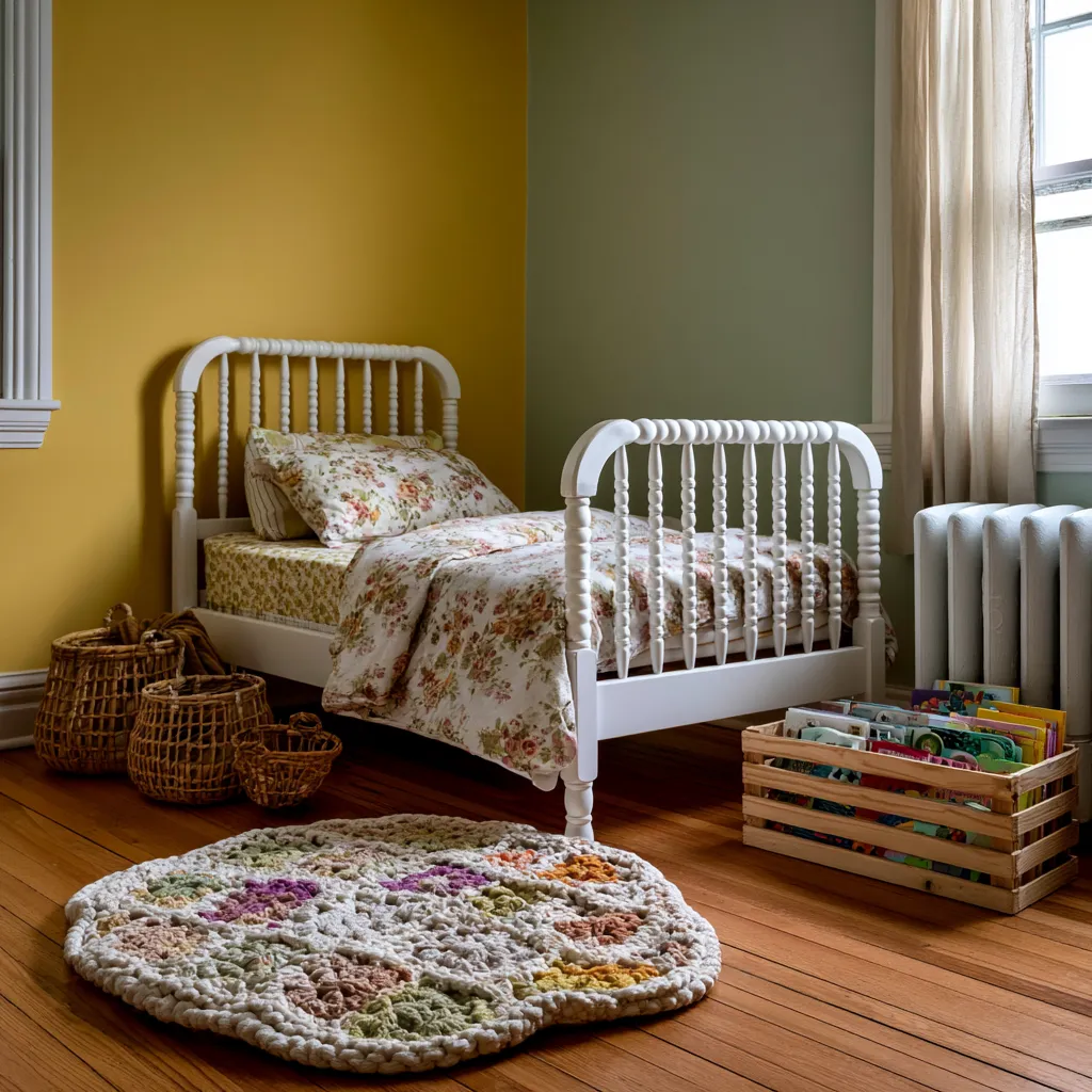 analog childhood bedroom with earthy warm palette