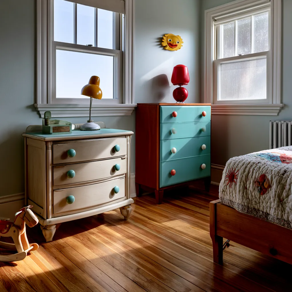 retro bedroom with upcycled furniture and classic details