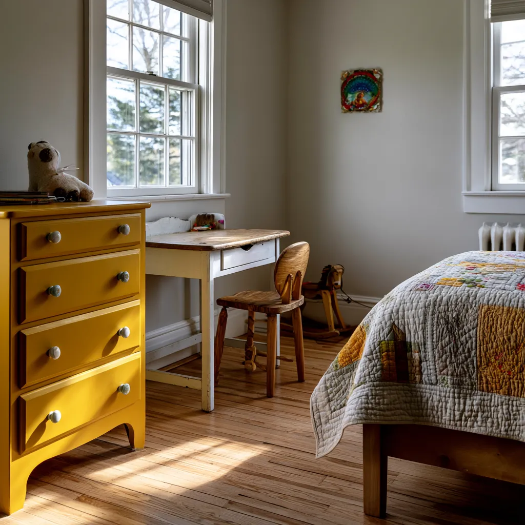 vintage school desk in retro kids bedroom corner