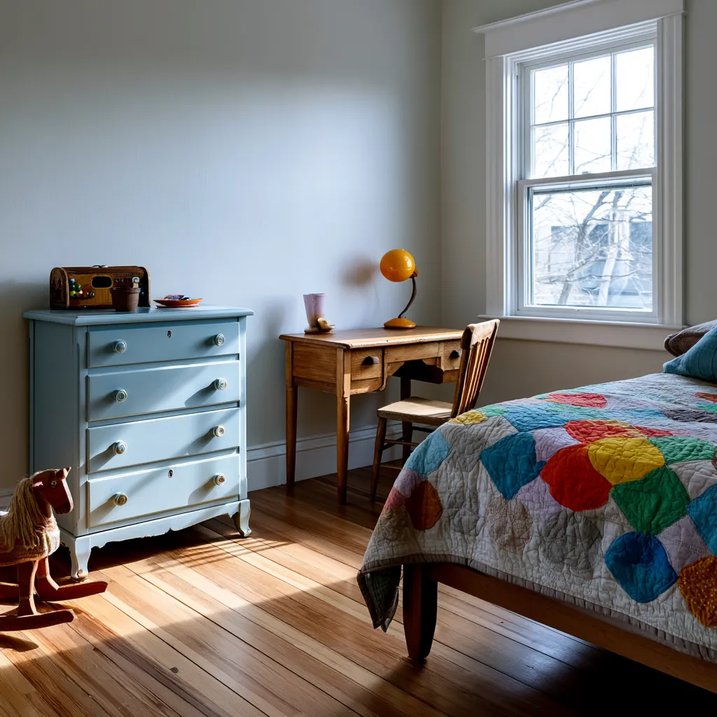 retro kids room with rocking horse and wood floors