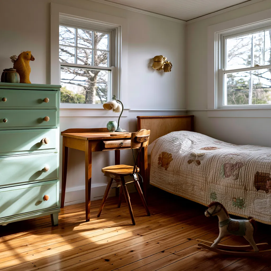 nostalgic kids room full interior with warm sunlight