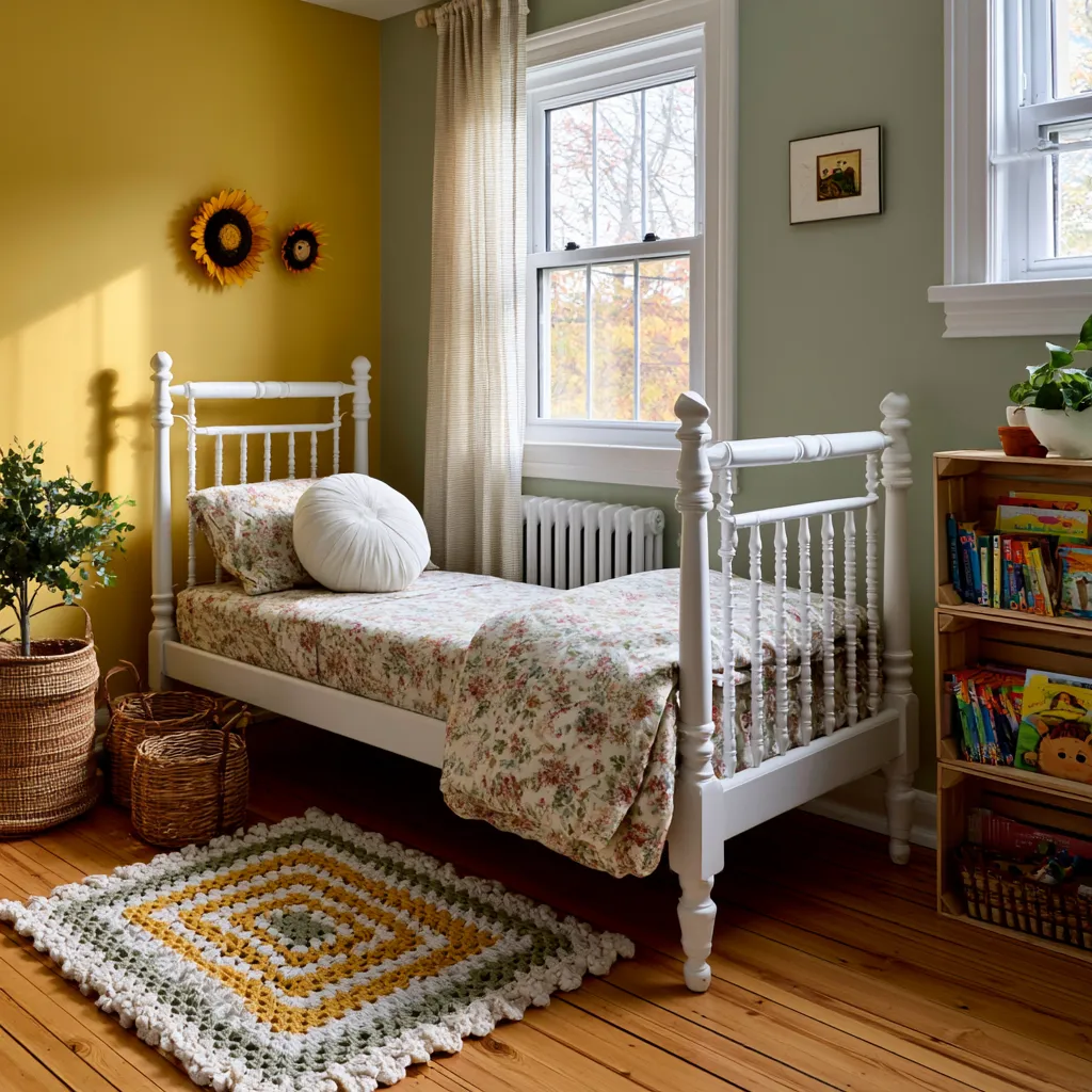 retro kids room with Jenny Lind bed and crochet mat