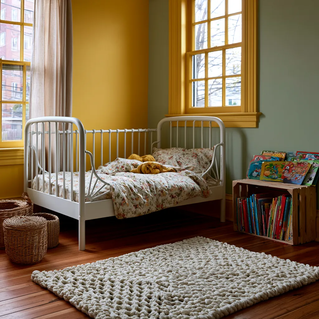 vintage yellow and sage children's bedroom interior