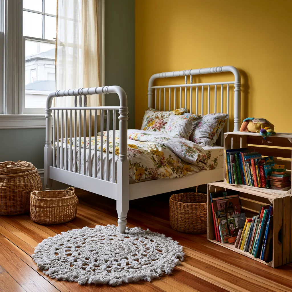 classic wooden crate bookshelf in kids room